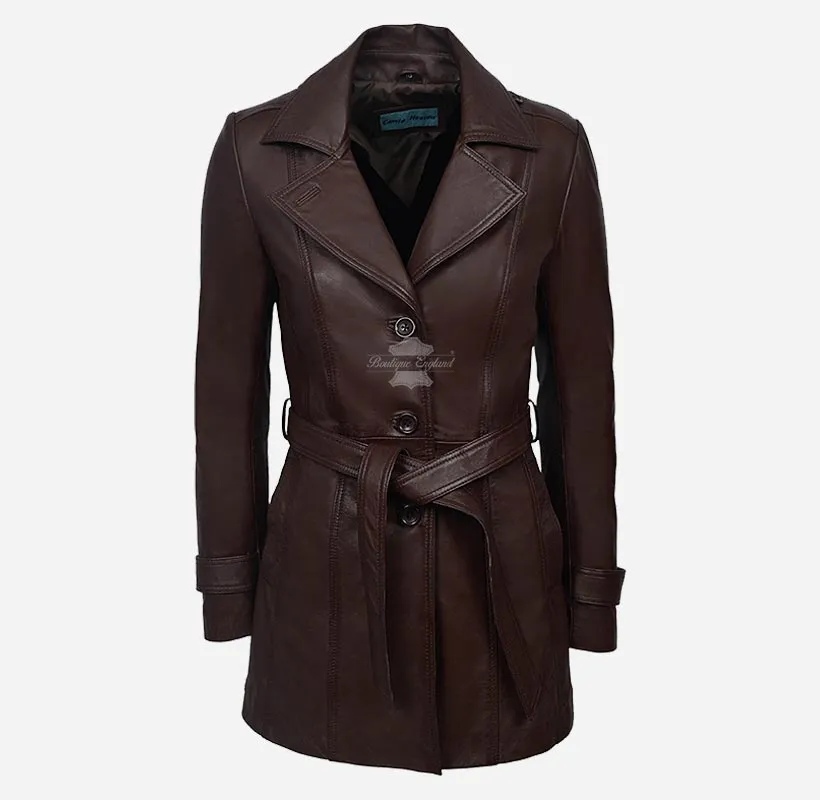 BellaForma Slim Fit Ladies Leather Trench Coat Blazer With Tie Belt