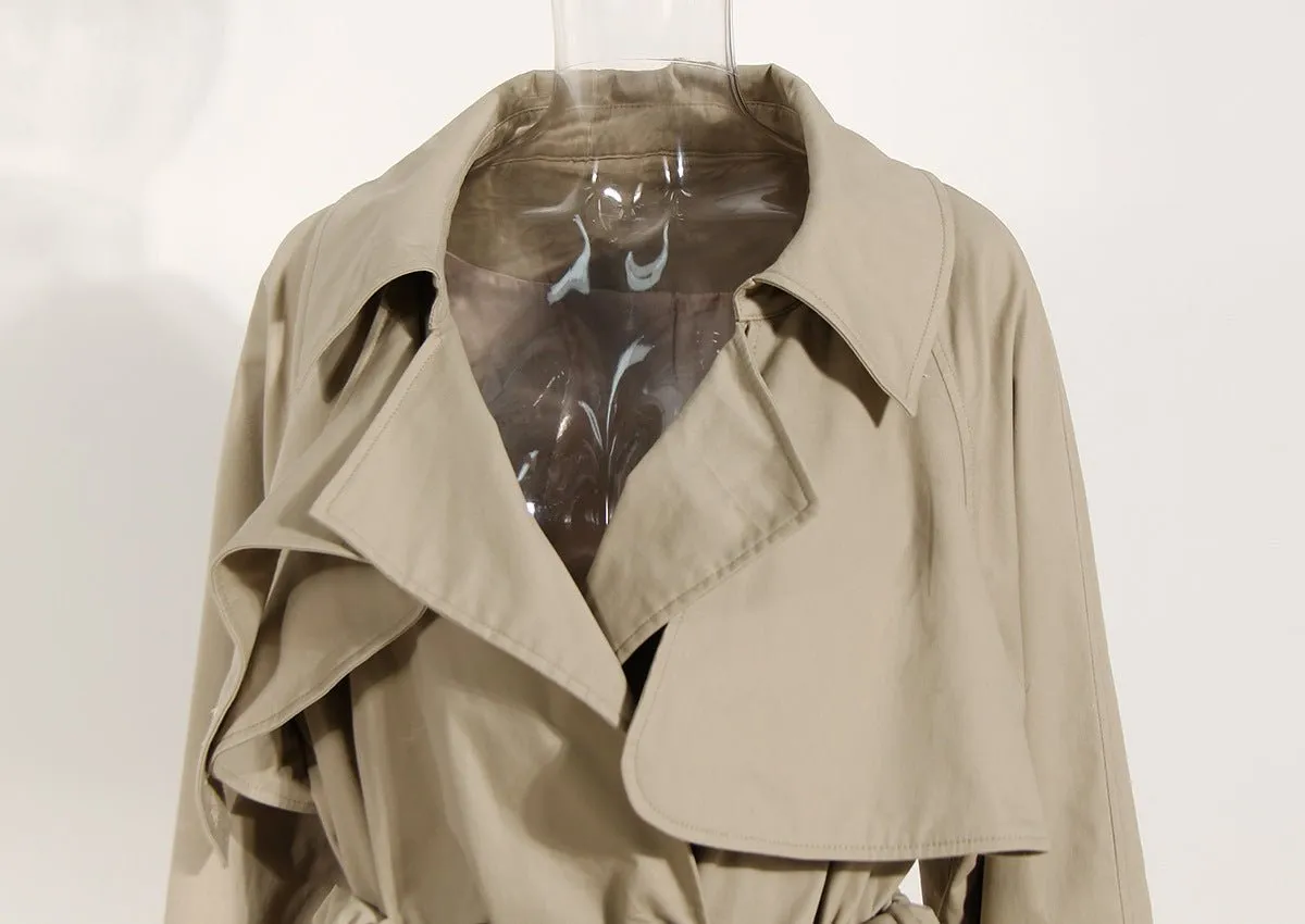 Khaki Cotton Long Trench Coat for Women with Removable Pockets and Tie Front - Spring British Style Below the Knee