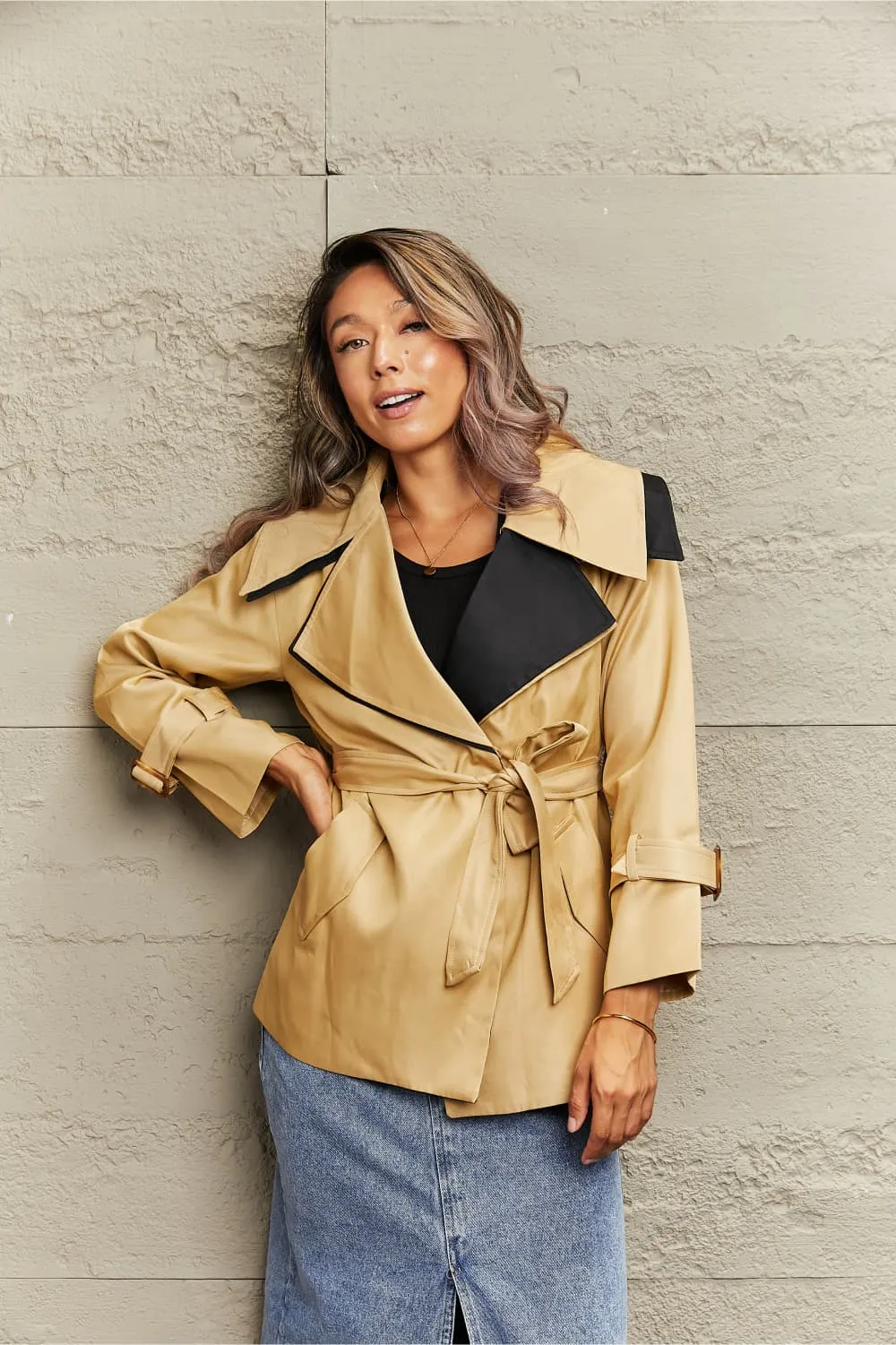 Khaki Tie Waist Lapel Collar Trench Coat