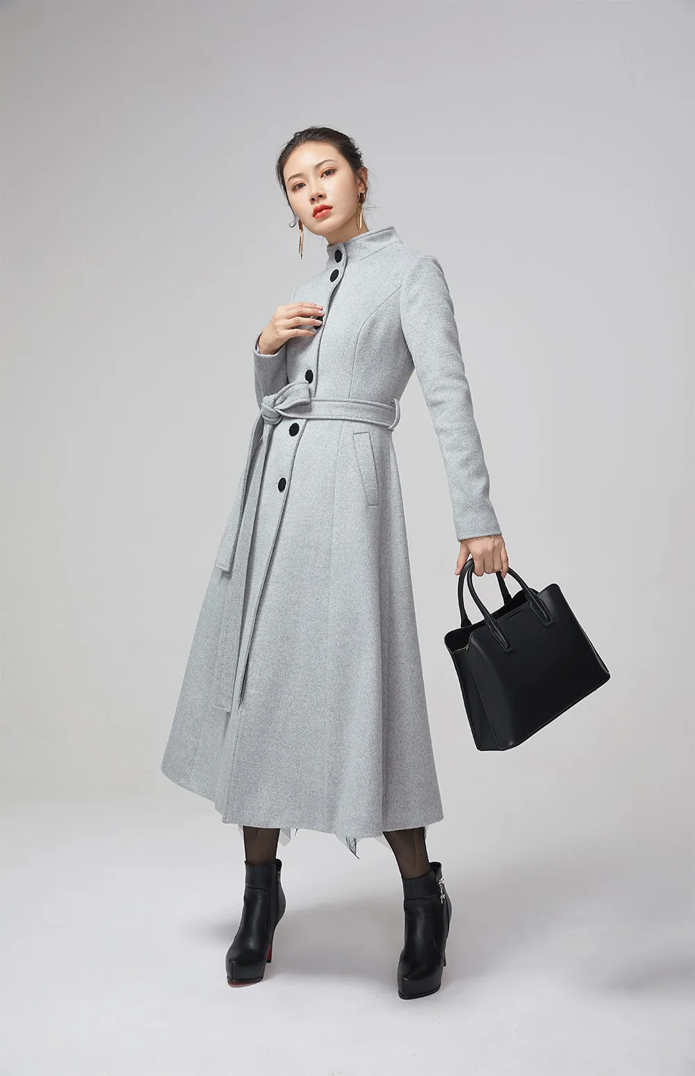 retro light gray wool coat with stand up collar 2205